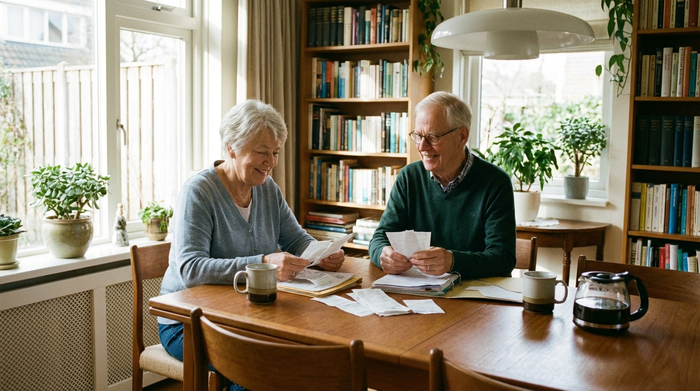Ein älteres Ehepaar sitzt am Esstisch und sortiert entspannt einige Papiere und Belege. Auf dem Tisch stehen zwei Kaffeetassen. Die Stimmung ist ruhig und organisiert, helles Tageslicht erhellt den Raum.