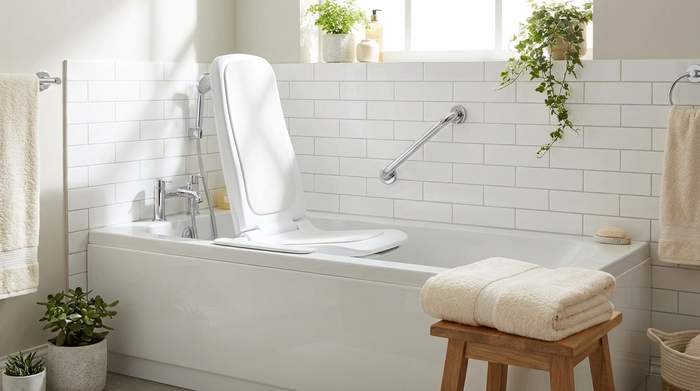 Ein modernes, helles Badezimmer mit weißen Fliesen. In der sauberen Badewanne ist ein ergonomischer, weißer Badewannenlift installiert. Ein flauschiges Handtuch liegt ordentlich auf einem Hocker daneben. Alles wirkt sicher und komfortabel.