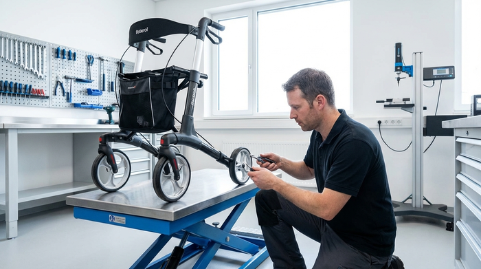 Ein Techniker repariert konzentriert das Rad eines modernen Rollators in einer sauberen, gut beleuchteten Werkstatt. Er hält ein kleines Werkzeug in der Hand. Die Umgebung wirkt professionell und aufgeräumt.