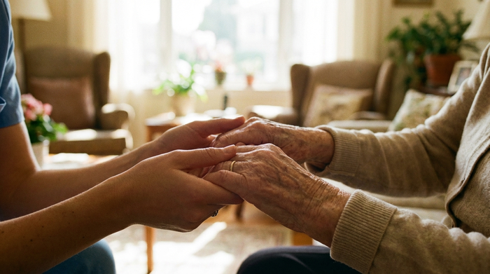 Nahaufnahme von Händen einer jungen Pflegekraft, die sanft die Hände einer älteren Dame hält. Im Hintergrund ein unscharfes, helles Wohnzimmer. Ruhige, tröstliche Stimmung.