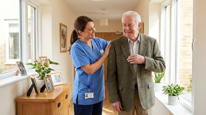 Eine professionelle Pflegekraft hilft einem älteren Herrn liebevoll beim Anziehen einer Jacke im Flur. Helles Tageslicht, aufgeräumte und freundliche Umgebung.