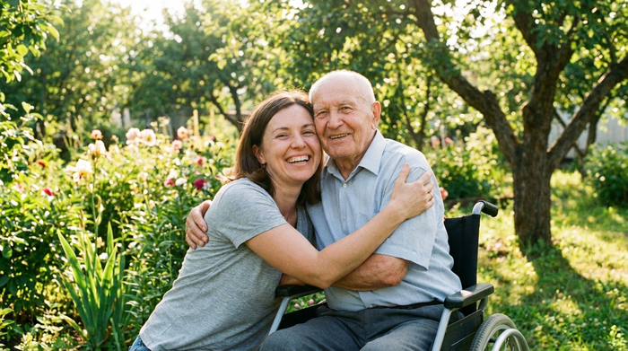 Eine erwachsene Tochter umarmt ihren pflegebedürftigen Vater im Rollstuhl im Garten. Fröhliche Gesichter, sonniges Wetter, grüne Pflanzen im Hintergrund.