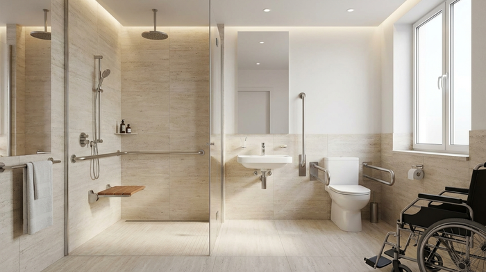 Ein modern umgebautes, barrierefreies Badezimmer mit einer bodengleichen Dusche und eleganten Haltegriffen an den hellen Wänden. Sauber, sicher und rollstuhlgerecht gestaltet.