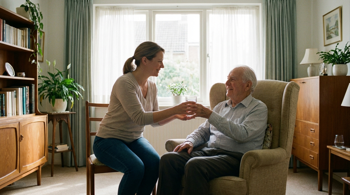 Eine fürsorgliche Pflegekraft reicht einem älteren Herrn ein Glas Wasser. Im Hintergrund ein aufgeräumtes, helles Wohnzimmer mit gemütlichen Möbeln. Sanftes Tageslicht fällt durch das Fenster.