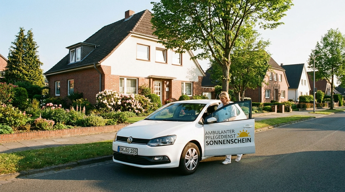 Ein kleines, weißes Auto eines Pflegedienstes parkt vor einem gepflegten Einfamilienhaus in einer ruhigen, grünen Wohnsiedlung an einem sonnigen Vormittag. Klare, realistische Umgebung.