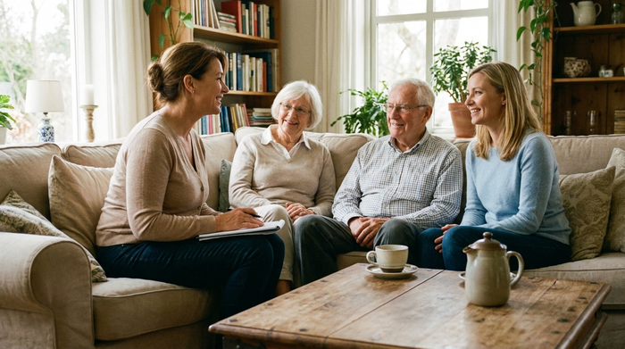 Eine engagierte Pflegedienstleitung im Gespräch mit einer Familie auf einem bequemen Sofa. Alle wirken entspannt und vertrauensvoll. Eine Tasse Kaffee steht auf dem Holztisch.