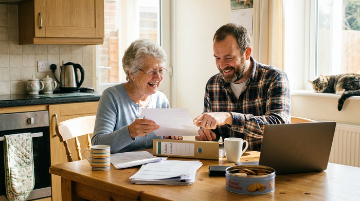 Eine ältere Frau sitzt mit ihrem erwachsenen Sohn am Küchentisch und sortiert ordentlich Dokumente in einer Mappe. Die Stimmung ist positiv und lösungsorientiert.