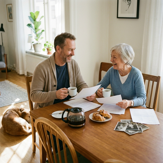 Ein freundlicher Gutachter sitzt mit einer älteren Dame am Esstisch und bespricht entspannt Dokumente bei einer Tasse Kaffee.