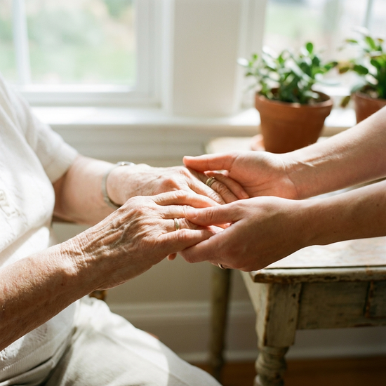 Eine Nahaufnahme von sanften, faltigen Händen einer Seniorin, die liebevoll von den Händen einer jüngeren Angehörigen gehalten werden, in einem hellen Raum.