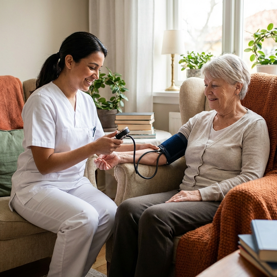 Eine professionelle, lächelnde Pflegekraft in weißer Kasack-Kleidung misst den Blutdruck einer entspannten Seniorin in einem gemütlichen Sessel.