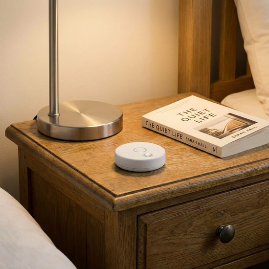Ein moderner, unauffälliger Hausnotruf-Knopf liegt auf einem Nachttisch aus Holz neben einer Leselampe und einem Buch.