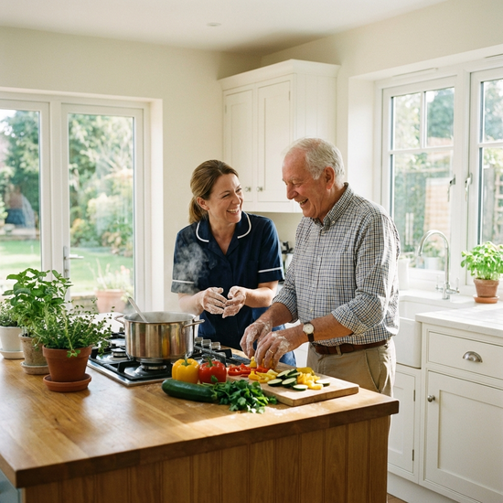 Eine engagierte Betreuungskraft kocht gemeinsam mit einem fröhlichen Senior in einer hellen, sauberen Küche frisches Gemüse.