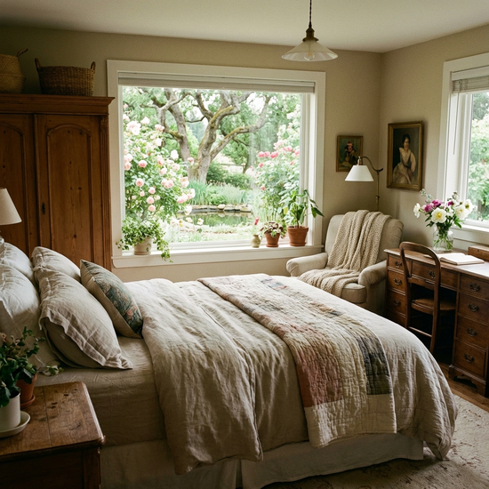 Ein liebevoll eingerichtetes Gästezimmer mit einem bequemen Bett, einem Kleiderschrank und einem großen Fenster mit Blick in den Garten.