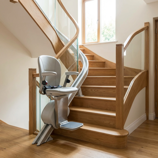 Ein moderner, sicherer Treppenlift an einer geschwungenen Holztreppe in einem gepflegten Einfamilienhaus.