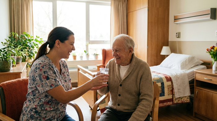Eine liebevolle Pflegekraft reicht einem lächelnden Senior in einem hellen, modernen Pflegeheimzimmer ein Glas Wasser. Im Hintergrund ist ein ordentlich gemachtes Pflegebett zu sehen. Warme Farben, realistische Szene, entspannte Stimmung, komplett ohne Textelemente.