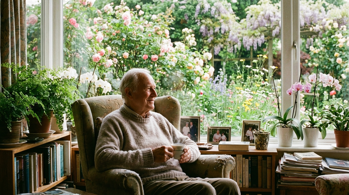 Ein älterer Herr betrachtet entspannt den blühenden Garten aus dem Fenster seines Zimmers. Er wirkt ruhig und entlastet. Das Zimmer ist wohnlich eingerichtet mit Zimmerpflanzen und einem bequemen Sessel. Helle, freundliche Beleuchtung.