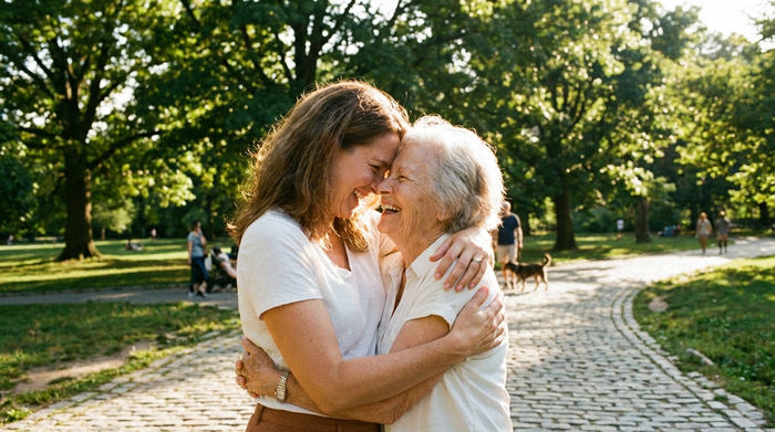 Eine erwachsene Tochter umarmt ihre ältere Mutter herzlich in einem sonnigen Park. Beide lachen und wirken unbeschwert. Im Hintergrund sind große grüne Bäume und ein gepflasterter Spazierweg zu erkennen. Realistische Fotografie, emotionale Verbundenheit.