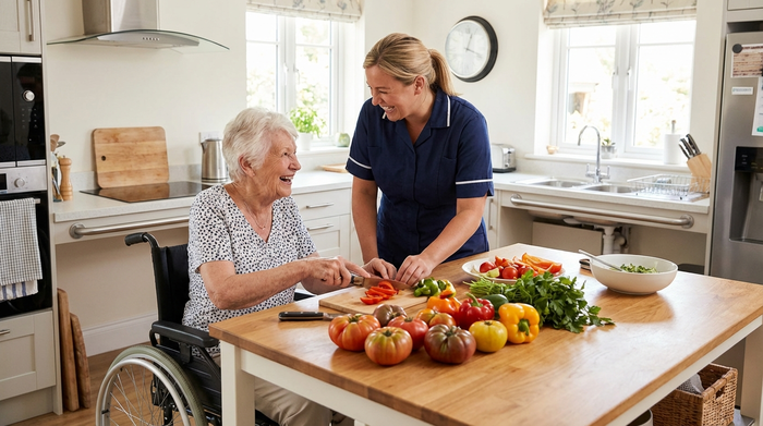 Eine rüstige Seniorin kocht gemeinsam mit einer Betreuungskraft in ihrer eigenen, barrierefreien Küche. Frisches Gemüse liegt auf dem Tresen. Die Szene strahlt Selbstständigkeit, Vertrauen und Freude am häuslichen Leben aus.
