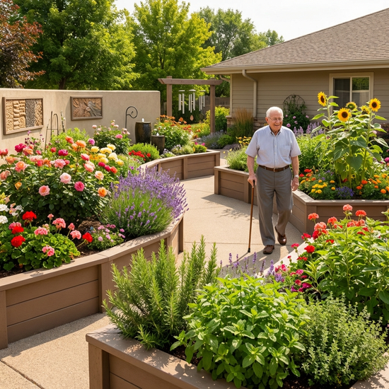 Ein sicherer, blühender Sinnesgarten für Senioren mit hochgebauten, rollstuhlgerechten Hochbeeten voller bunter Blumen und duftender Kräuter. Ein älterer Herr spaziert friedlich auf einem geschwungenen, barrierefreien Rundweg an einem sonnigen Nachmittag.