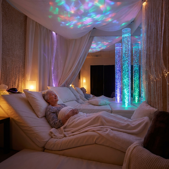 Ein beruhigender Snoezelen-Raum mit gedimmtem Licht und einer sanft blubbernden, farbig beleuchteten Wassersäule. Eine ältere Dame liegt entspannt auf einer weichen, weißen Liegelandschaft und betrachtet lächelnd die beruhigenden Lichtspiele an der Decke.