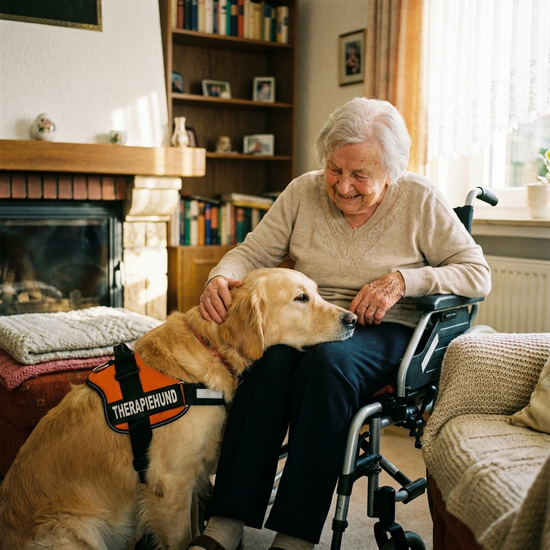 Ein sanftmütiger Therapiehund legt seinen Kopf behutsam auf den Schoß einer älteren Frau im Rollstuhl. Die Frau streichelt den Hund liebevoll und lächelt glücklich. Die Szene strahlt Wärme und Geborgenheit in einem gemütlichen Wohnbereich aus.
