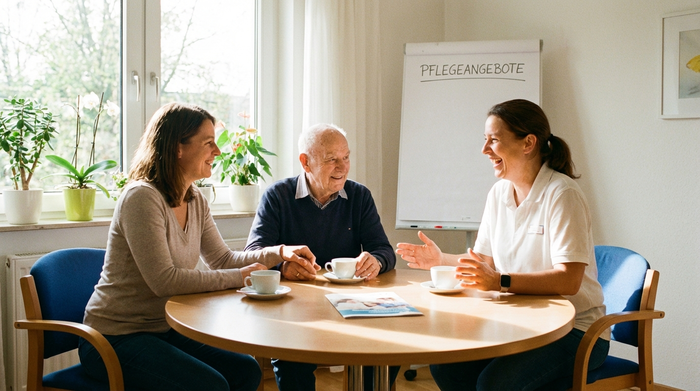 Eine erwachsene Tochter und ihr älterer Vater mit Demenz sitzen bei einer Tasse Kaffee zusammen mit einer freundlichen Pflegedienstleitung in einem hellen Beratungszimmer. Sie unterhalten sich entspannt und vertrauensvoll über die Pflegeangebote.