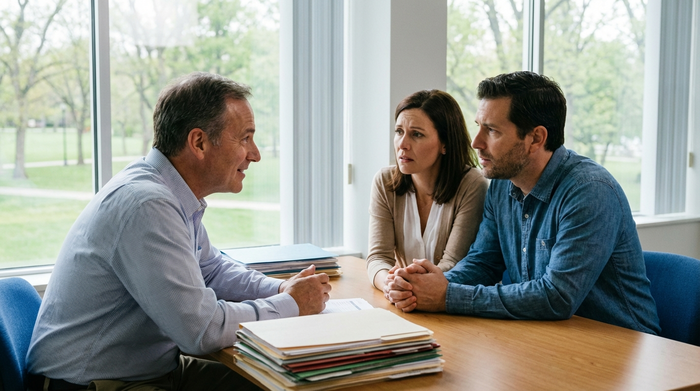 Ein freundlicher Sozialarbeiter im intensiven Gespräch mit einem besorgten Ehepaar in einem hellen Büro eines Krankenhauses. Aktenordner liegen auf dem Tisch, professionelle und empathische Stimmung, realistisch.