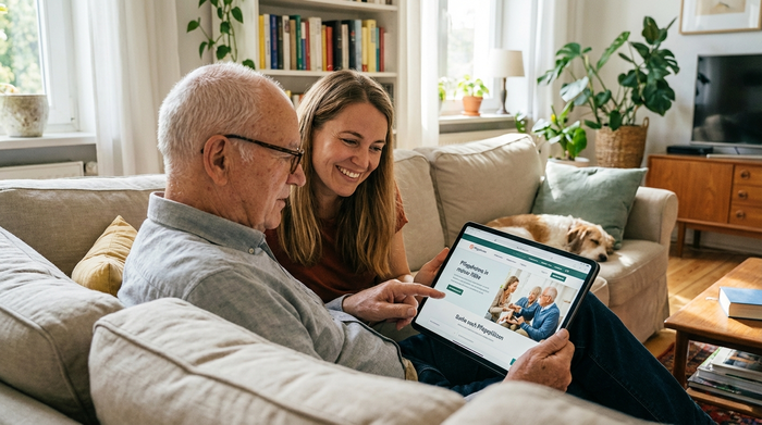Ein älterer Herr und seine erwachsene Tochter sitzen gemeinsam auf einem gemütlichen Sofa und schauen konzentriert auf ein Tablet. Helles Wohnzimmer, entspannte Atmosphäre bei der Suche nach Pflegeplätzen.