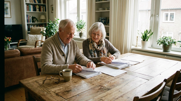 Ein älteres Ehepaar sitzt an einem massiven Holztisch und sortiert sorgfältig verschiedene Dokumente. Eine Tasse Kaffee steht daneben. Konzentrierte, aber entspannte Stimmung in einem aufgeräumten Esszimmer.