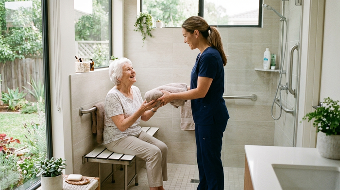 Eine freundliche Pflegekraft reicht einer lächelnden Seniorin in einem modernen, barrierefreien Badezimmer ein frisches Handtuch. Helle Fliesen, bodengleiche Dusche, vertrauensvolle Situation im eigenen Zuhause.