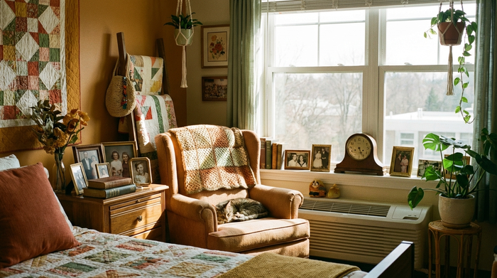 Ein liebevoll eingerichtetes Zimmer in einem modernen Pflegeheim mit persönlichen Erinnerungsstücken. Gerahmte Familienfotos stehen auf dem Nachttisch, daneben ein gemütlicher Sessel am Fenster. Warme Farben, einladend.