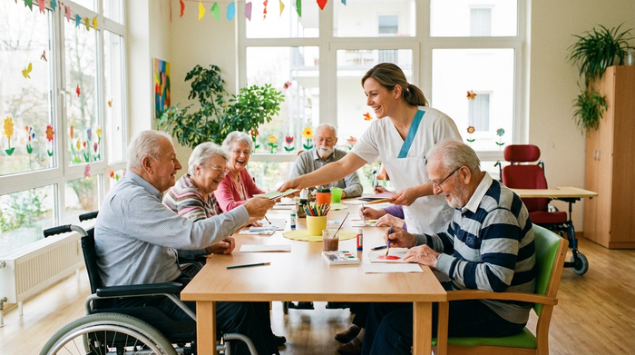 Eine Gruppe fröhlicher Senioren sitzt in einem hellen, barrierefreien Raum zusammen und bastelt an einem großen Tisch. Eine engagierte Betreuerin reicht lächelnd Materialien an. Natürliches Licht, freundliche Farben, realistische Szene ohne Schriftzüge.