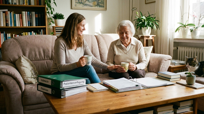 Eine erwachsene Tochter sitzt mit ihrer älteren Mutter auf einem gemütlichen Sofa im Wohnzimmer. Beide blicken entspannt und erleichtert, während sie bei einer Tasse Tee zusammensitzen. Auf dem Tisch liegen ordentlich sortierte Unterlagen. Fotorealistisch, harmonische und stressfreie Stimmung.