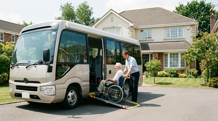 Ein moderner, rollstuhlgerechter Kleinbus steht mit geöffneter Tür vor einem gepflegten Einfamilienhaus in einer ruhigen Wohngegend. Ein freundlicher Fahrer hilft einem lächelnden Senior rücksichtsvoll beim Einsteigen. Sonniges Wetter, realistische Darstellung, keine lesbaren Kennzeichen oder Logos.
