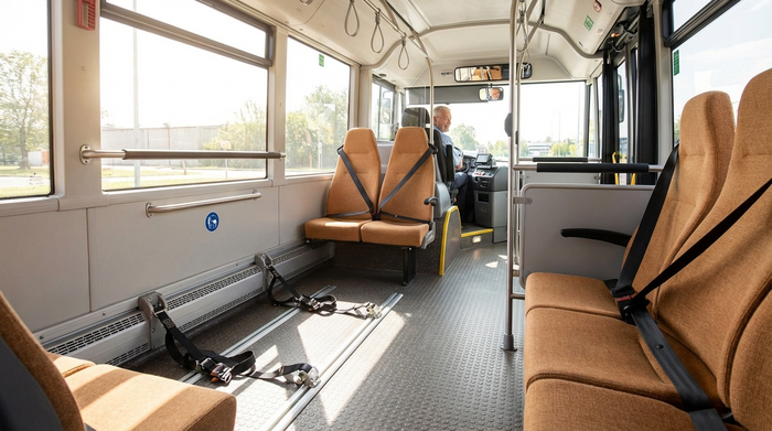 Ein Blick in das Innere eines modernen, sauberen Transportbusses für Senioren. Bequeme Sitze mit gut sichtbaren Anschnallgurten und ein sicheres Befestigungssystem für Rollstühle auf dem rutschfesten Boden. Helles Tageslicht fällt durch die großen Fenster.