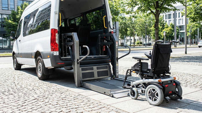 Ein sicherer Linear-Rollstuhllift am Heck eines weißen Transportfahrzeugs. Der Lift ist auf den Bürgersteig herabgelassen, bereit für einen Elektrorollstuhl. Fokus auf die stabile Technik und die saubere, barrierefreie Umgebung an einem sonnigen Tag.