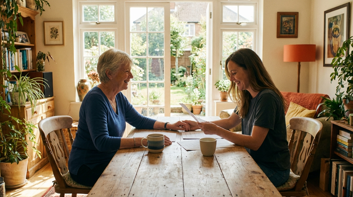 Eine ältere Dame und ihre Tochter sitzen entspannt an einem Holztisch im hellen Wohnzimmer und schauen lächelnd auf einige Dokumente. Eine Kaffeetasse steht auf dem Tisch. Die Atmosphäre ist erleichtert und harmonisch.