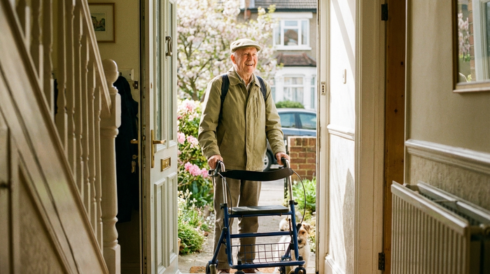Ein freundlicher Senior in einer leichten Übergangsjacke steht morgens abfahrbereit mit seinem Rollator an der geöffneten Haustür. Er blickt erwartungsvoll und gut gelaunt nach draußen in das warme Sonnenlicht.