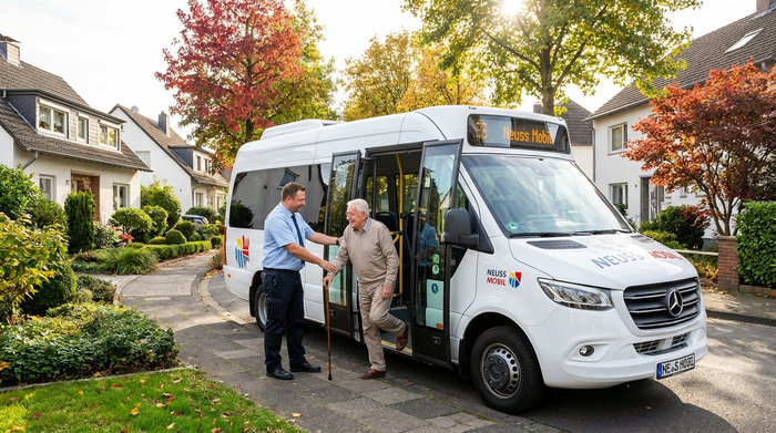 Ein moderner, weißer Kleinbus mit geöffneter Seitentür steht in einer ruhigen, sonnigen Wohnstraße in Neuss. Ein freundlicher Fahrer hilft einem lächelnden älteren Herrn mit Gehstock behutsam beim Einsteigen. Das Umfeld ist gepflegt, mit grünen Vorgärten und herbstlichen Bäumen.
