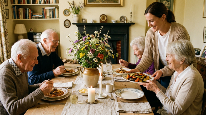 Ein liebevoll gedeckter Esstisch mit frischen Blumen in der Mitte. Mehrere Senioren essen gemeinsam eine warme Mahlzeit. Die Atmosphäre ist familiär und entspannt. Eine Pflegekraft reicht einer älteren Dame höflich einen Teller mit frischem Gemüse.