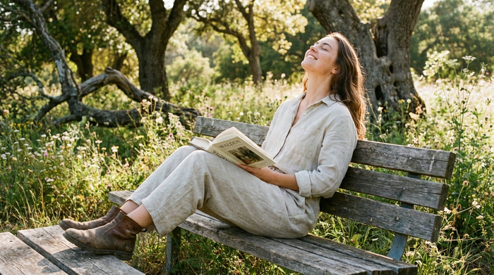 Eine entspannte, jüngere Frau sitzt auf einer Parkbank in der Natur und atmet tief durch. Sie liest in Ruhe ein Buch und genießt die sonnige Auszeit. Ihre Körperhaltung drückt Erleichterung und neue Energie aus.