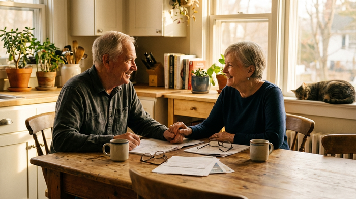 Ein älteres Ehepaar sitzt am Küchentisch und bespricht entspannt Unterlagen. Sie lächeln sich zuversichtlich an. Auf dem Tisch liegen einige Papiere und zwei Kaffeetassen. Das Licht im Raum ist warm und einladend.