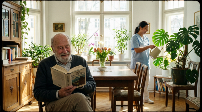 Ein älterer Herr sitzt entspannt in seinem sauberen, sonnendurchfluteten Esszimmer und liest ein Buch, während im Hintergrund eine Pflegekraft lächelnd Zimmerpflanzen gießt.