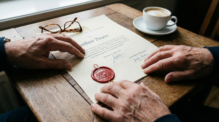 Eine Nahaufnahme von Händen, die behutsam ein offiziell aussehendes Dokument mit Siegel auf einem Holztisch ordnen, daneben eine Lesebrille und eine weiße Kaffeetasse. Seriöse und aufgeräumte Szenerie.