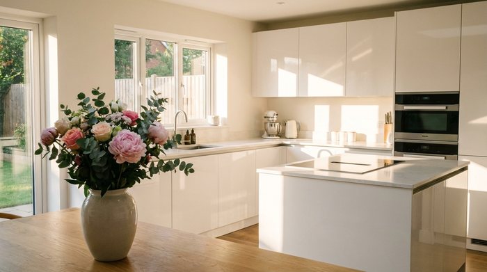 Eine strahlend saubere, moderne Küche mit weißen Schränken, glänzenden Arbeitsflächen und einer frischen Blumenvase auf dem Esstisch. Warmes Sonnenlicht fällt durch das Fenster.
