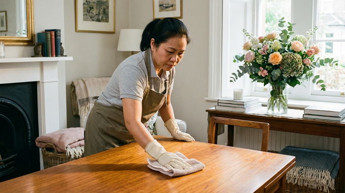 Eine ordentliche, fokussierte Reinigungskraft wischt mit einem weichen Tuch den Holztisch in einem gemütlichen, sauberen Wohnzimmer. Im Hintergrund stehen ordentlich arrangierte Blumen.