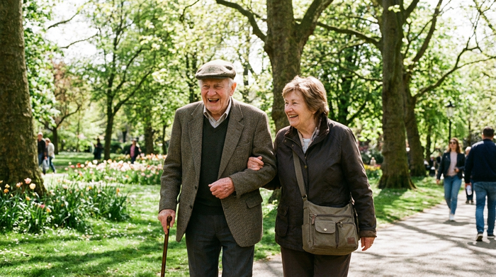 Eine geduldige Alltagsbegleiterin und ein älterer Herr spazieren entspannt durch einen grünen Park an einem sonnigen Tag. Sie haken sich unter und lachen gemeinsam.