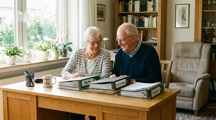 Ein älteres Ehepaar sitzt entspannt an einem aufgeräumten Schreibtisch und schaut zufrieden auf einige ordentlich sortierte Dokumente. Eine Kaffeetasse steht in dem hellen Arbeitszimmer.