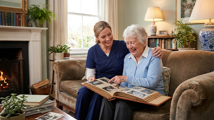 Eine einfühlsame Betreuerin und eine Seniorin betrachten gemeinsam ein altes Fotoalbum auf einem bequemen Sofa. Beide lächeln glücklich in einer warmen, heimeligen Wohnzimmeratmosphäre.