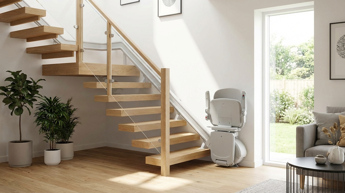 Eine saubere, moderne Holztreppe in einem hellen Einfamilienhaus, ausgestattet mit einem sicheren, unauffälligen Treppenlift. Ein großes Fenster lässt freundliches Tageslicht herein.